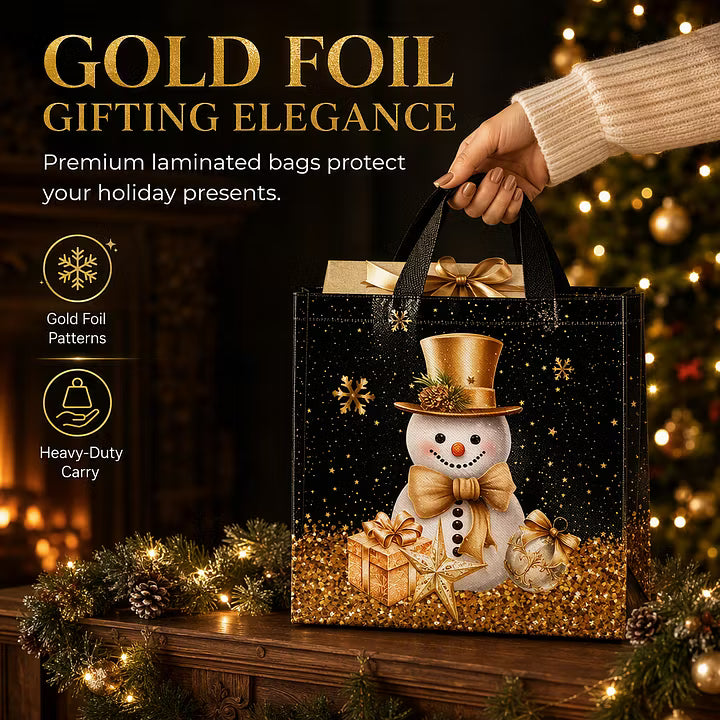 🎄 LIMITED‑TIME 70% OFF! ✨ Black Christmas Non Woven Gift Tote Bag – Gold Foil, Reusable, Sturdy Handles 🎁