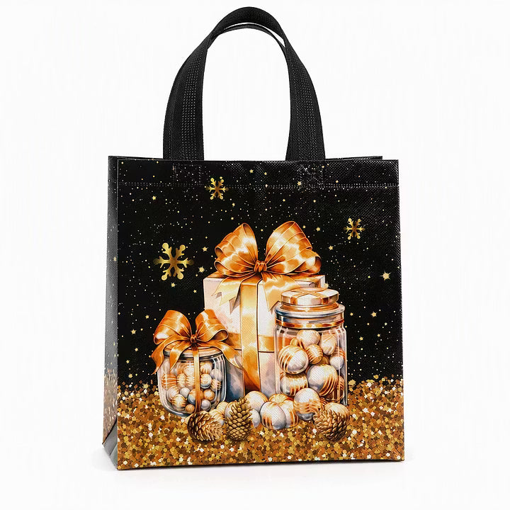 🎄 LIMITED‑TIME 70% OFF! ✨ Black Christmas Non Woven Gift Tote Bag – Gold Foil, Reusable, Sturdy Handles 🎁
