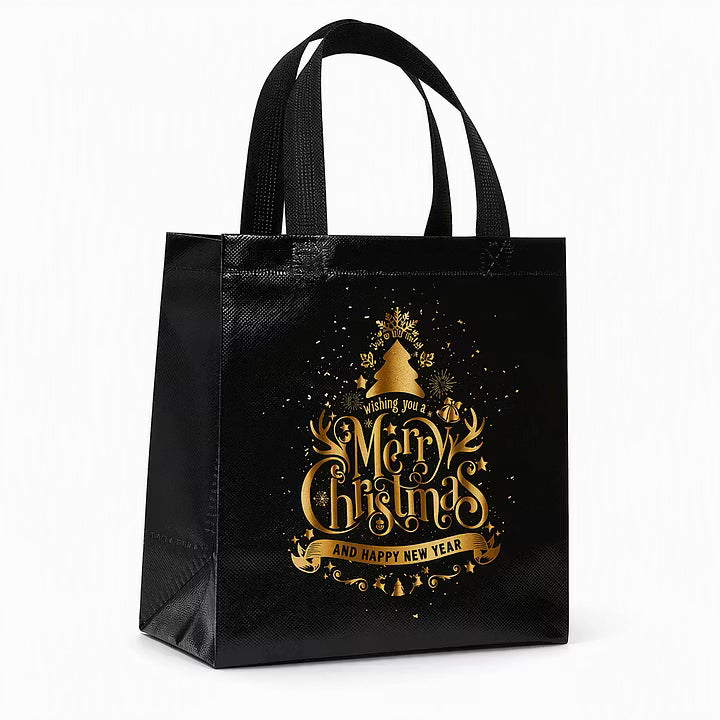 🎄 LIMITED‑TIME 70% OFF! ✨ Black Christmas Non Woven Gift Tote Bag – Gold Foil, Reusable, Sturdy Handles 🎁