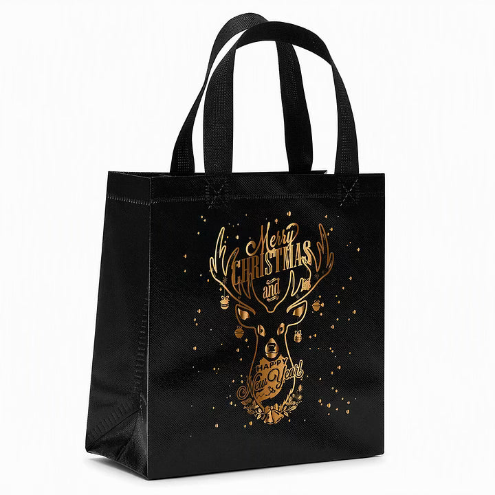 🎄 LIMITED‑TIME 70% OFF! ✨ Black Christmas Non Woven Gift Tote Bag – Gold Foil, Reusable, Sturdy Handles 🎁