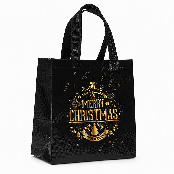 🎄 LIMITED‑TIME 70% OFF! ✨ Black Christmas Non Woven Gift Tote Bag – Gold Foil, Reusable, Sturdy Handles 🎁