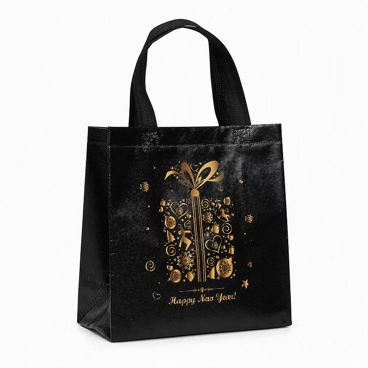🎄 LIMITED‑TIME 70% OFF! ✨ Black Christmas Non Woven Gift Tote Bag – Gold Foil, Reusable, Sturdy Handles 🎁