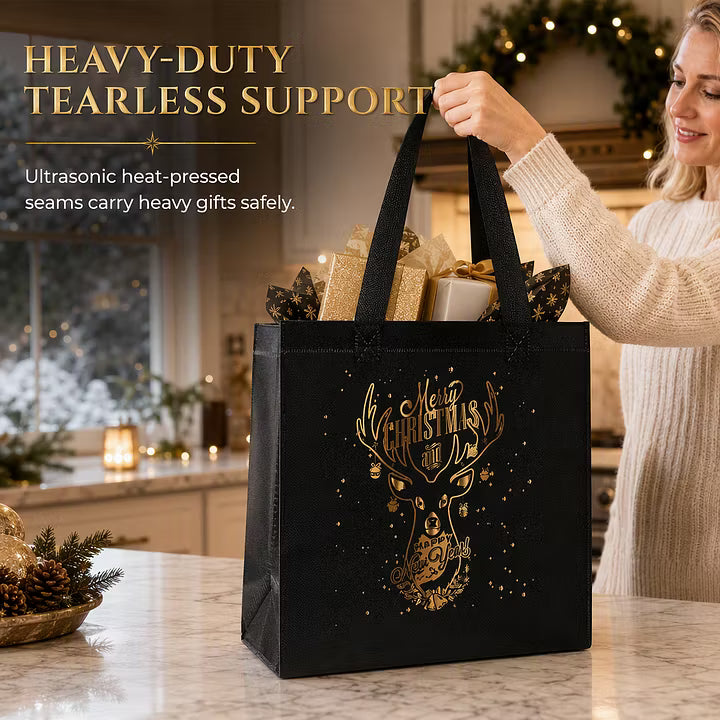 🎄 LIMITED‑TIME 70% OFF! ✨ Black Christmas Non Woven Gift Tote Bag – Gold Foil, Reusable, Sturdy Handles 🎁