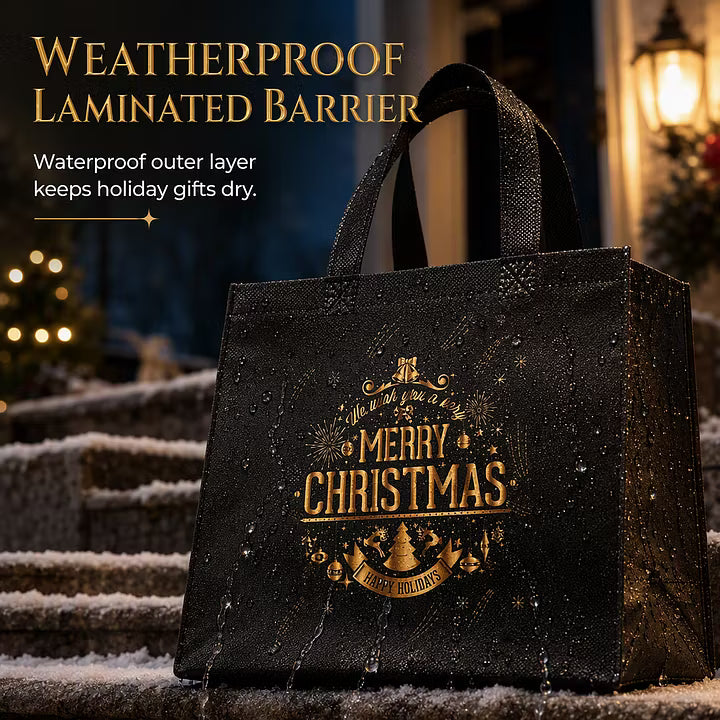 🎄 LIMITED‑TIME 70% OFF! ✨ Black Christmas Non Woven Gift Tote Bag – Gold Foil, Reusable, Sturdy Handles 🎁