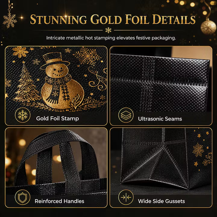 🎄 LIMITED‑TIME 70% OFF! ✨ Black Christmas Non Woven Gift Tote Bag – Gold Foil, Reusable, Sturdy Handles 🎁
