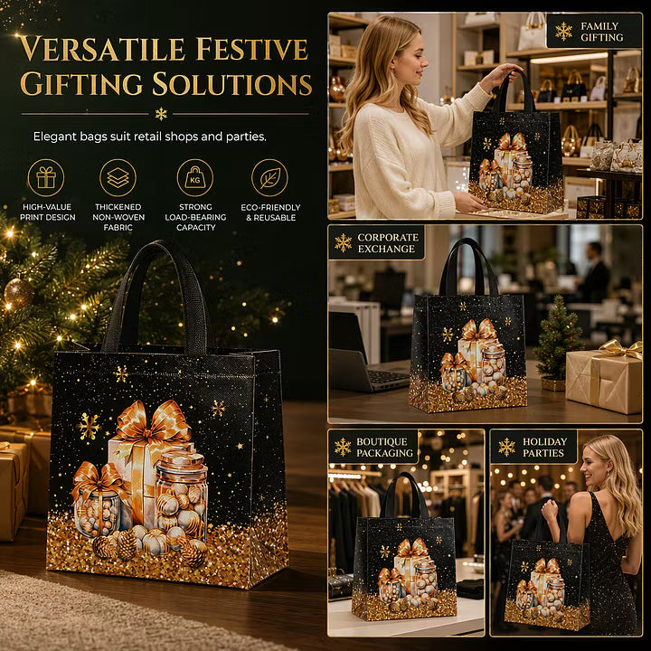 🎄 LIMITED‑TIME 70% OFF! ✨ Black Christmas Non Woven Gift Tote Bag – Gold Foil, Reusable, Sturdy Handles 🎁