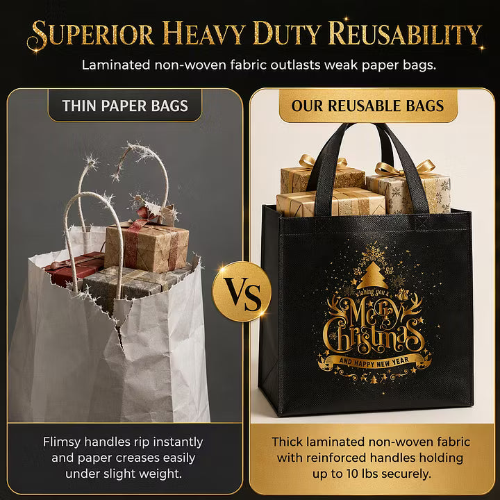 🎄 LIMITED‑TIME 70% OFF! ✨ Black Christmas Non Woven Gift Tote Bag – Gold Foil, Reusable, Sturdy Handles 🎁